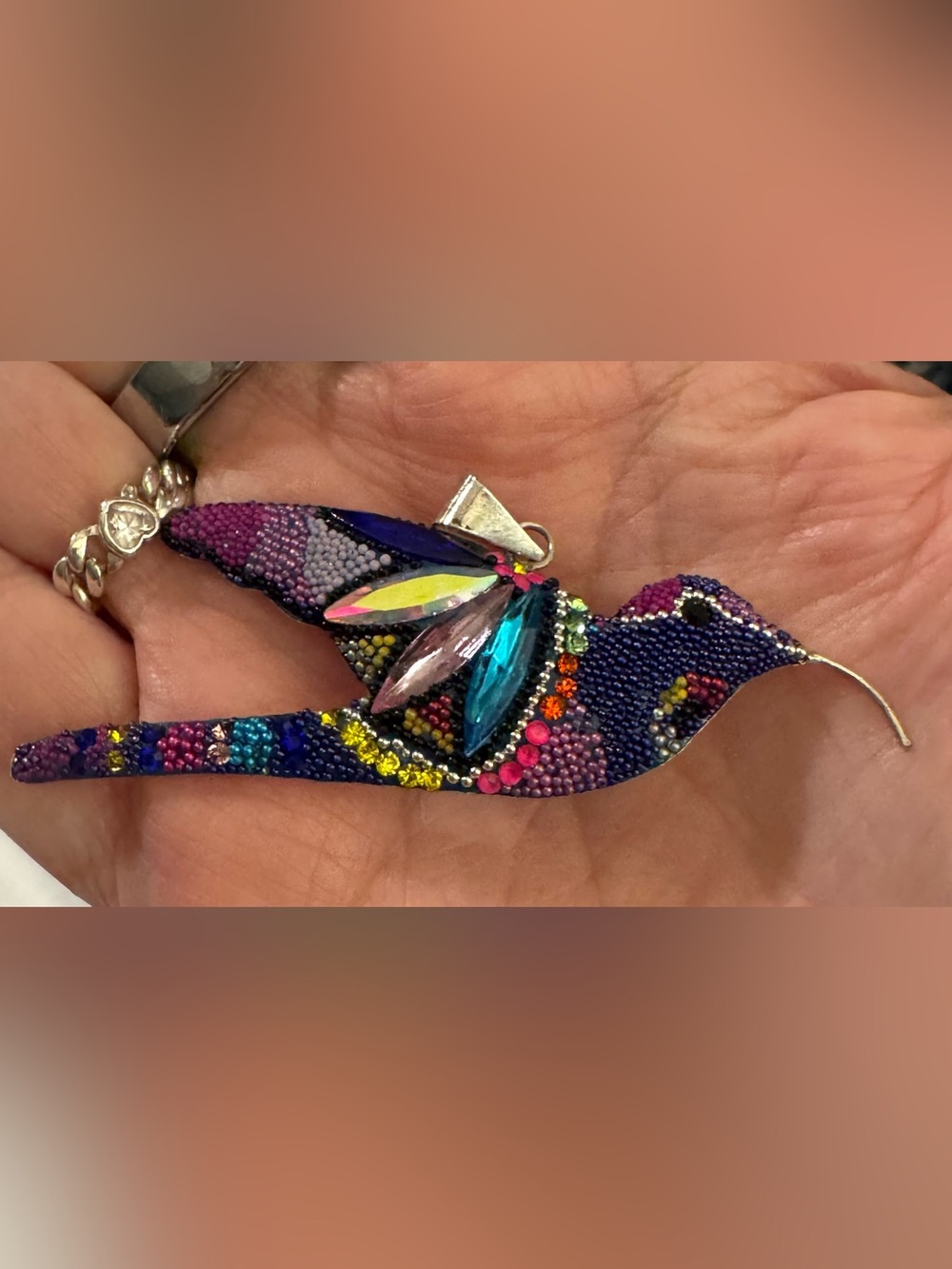 Colorful Sterling and Crystal Crystal Beaded Hummingbird Pendant Mexico